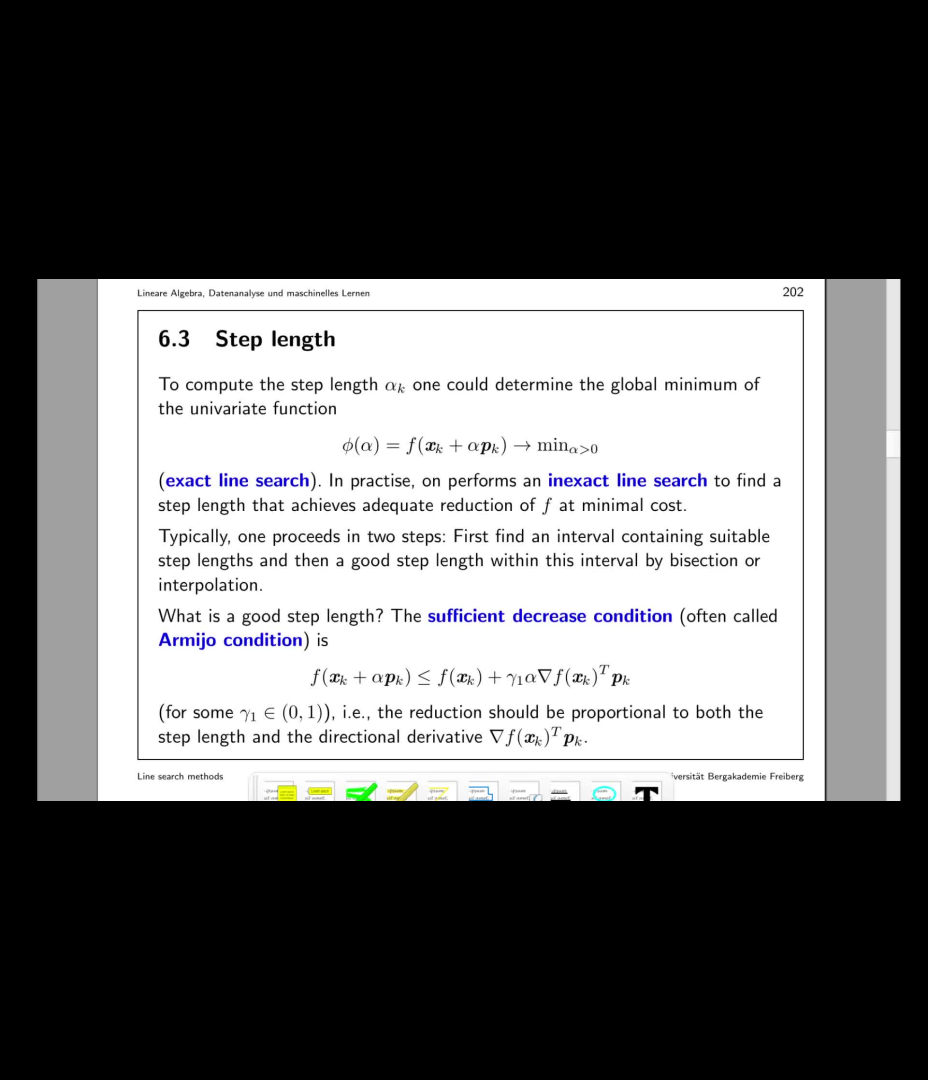 Lineare Algebra, Datenanalyse und Maschinelles Lernen Video 19 Schrittweitensteuerung Arjmijo und Wolfe-Powell